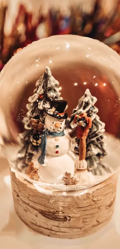 Snow globe with snowman and trees in festive setting.