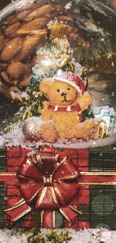 Festive snow globe with teddy bear and pine cones on a snowy surface.