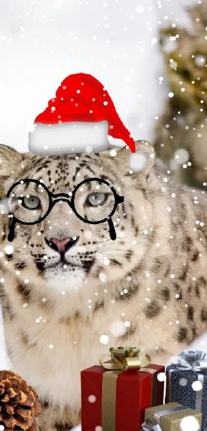 Snow leopard with Santa hat among gifts and snow.