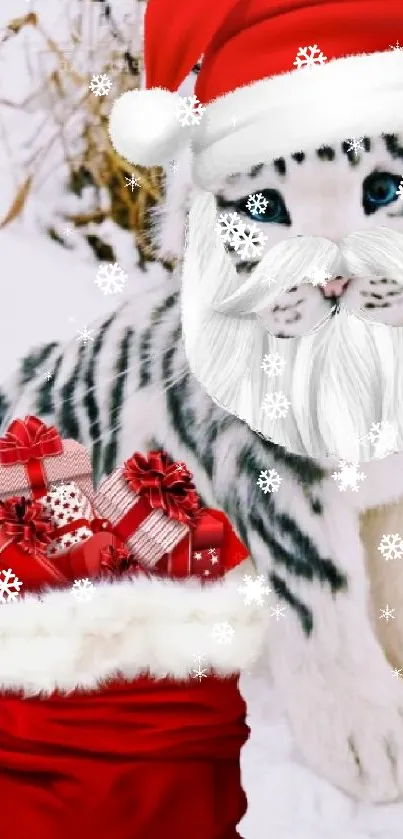 Snow leopard in Santa hat with red gift sack on snowy background.