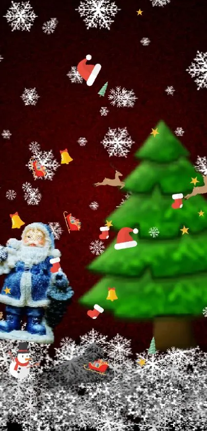 Festive wallpaper with Santa, tree, and snowflakes on maroon background.