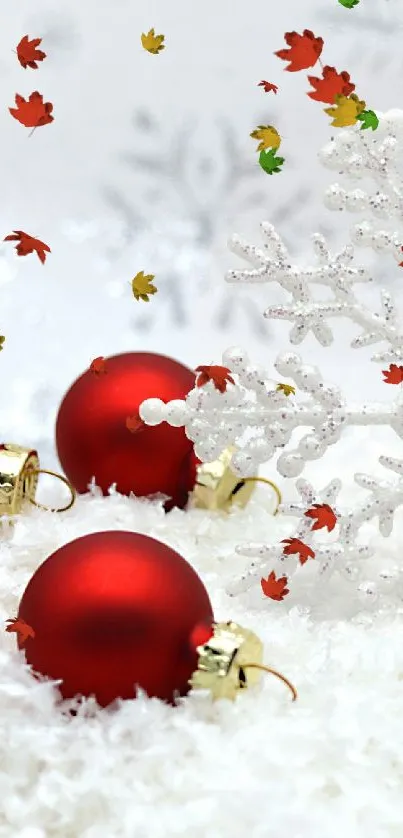 Red ornaments with sparkling snowflake on snowy background.