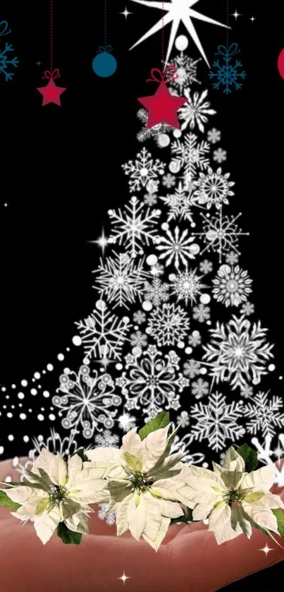 Elegant snowflake Christmas tree with ornaments and flowers on hand.