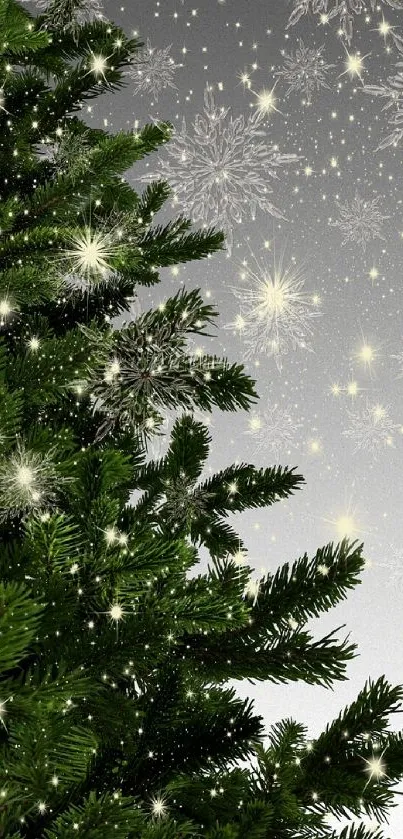 Christmas tree with snowflakes on a festive, colorful background.