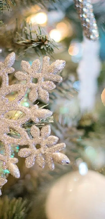 Festive snowflake ornament on Christmas tree with warm bokeh lights.