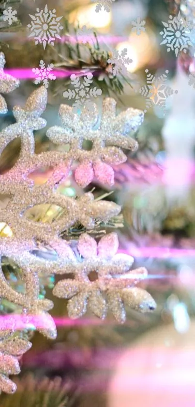 Shimmering snowflake with pastel pink and green hues on a festive holiday background.