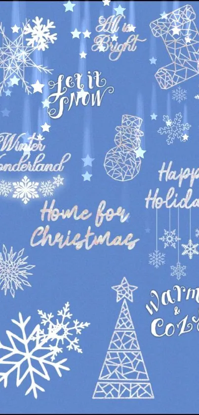 Blue winter wallpaper with snowflakes and holiday phrases.