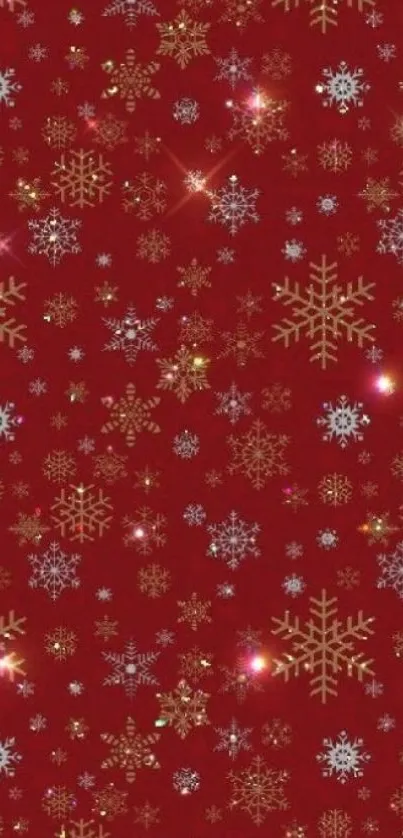 Red festive wallpaper with gold snowflakes and stars.