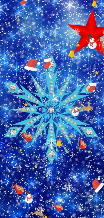 Festive blue holiday wallpaper with snowflakes and holiday elements.