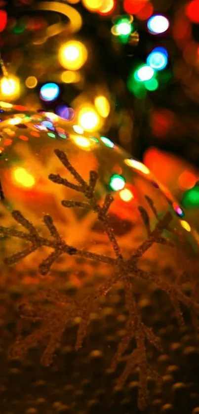 Colorful Christmas snowflake ornament with festive lights.