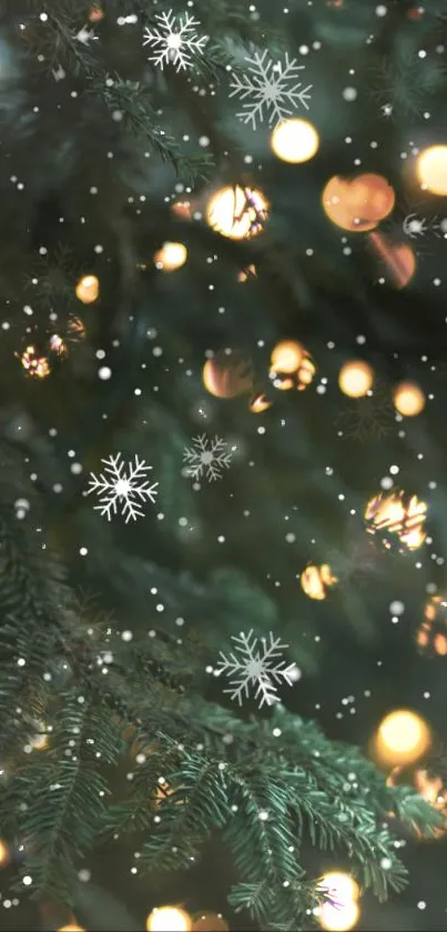 Mobile wallpaper with snowflakes and glowing festive lights on dark green background.