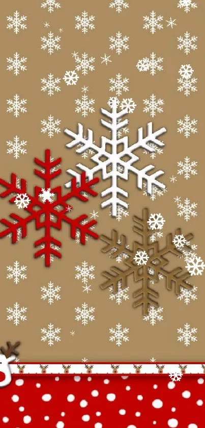 Festive snowflake wallpaper with red, white, and gold hues.