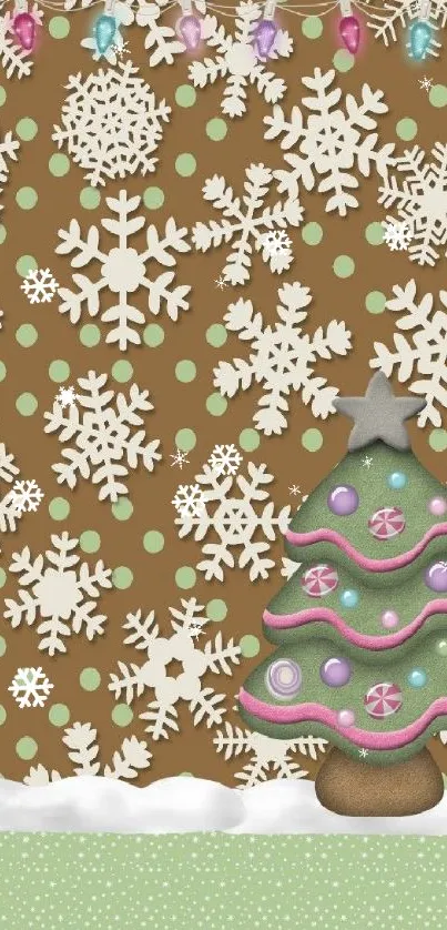 Whimsical Christmas tree with snowflakes on a festive wallpaper.