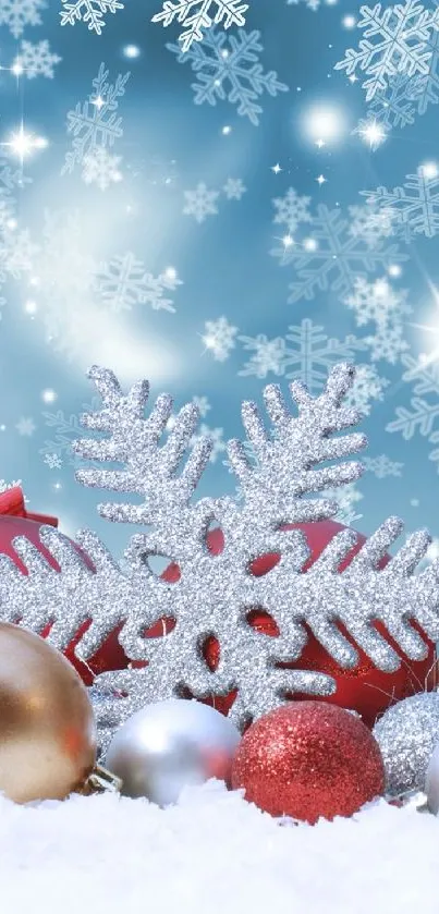 Festive wallpaper with snowflakes and ornaments on a blue background.