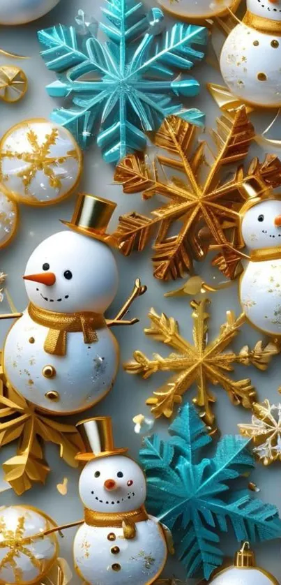 Cheerful snowmen and gold snowflakes wallpaper
