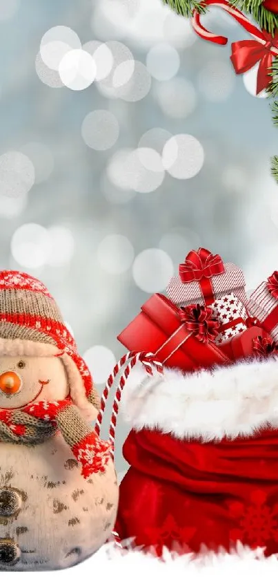 Festive wallpaper with snowman and Christmas gifts.