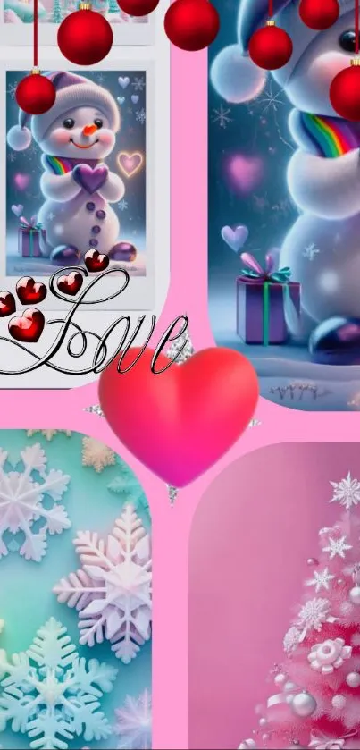 Festive snowman with hearts and love theme on pink background.