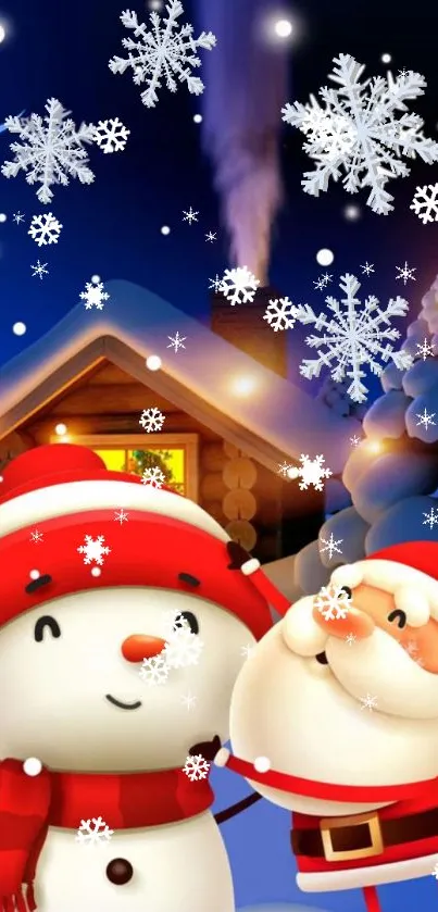 Festive wallpaper with snowman and Santa surrounded by snowflakes at night.