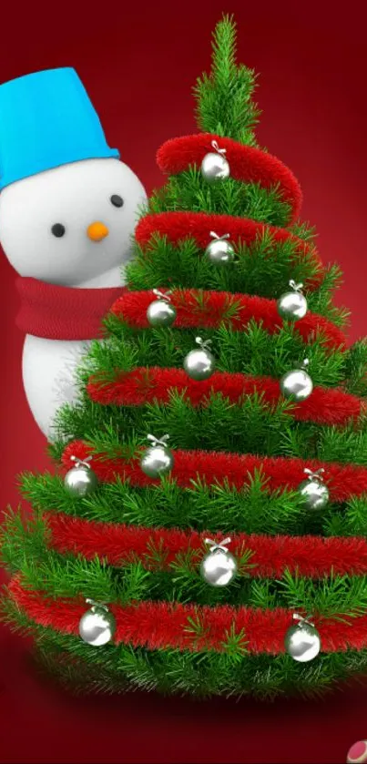 Festive wallpaper with snowman and Christmas tree on red background.