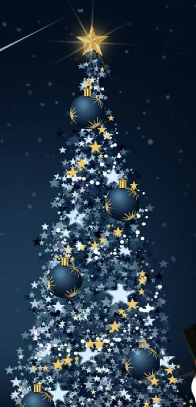 Snowman and sparkling Christmas tree on starry blue background.