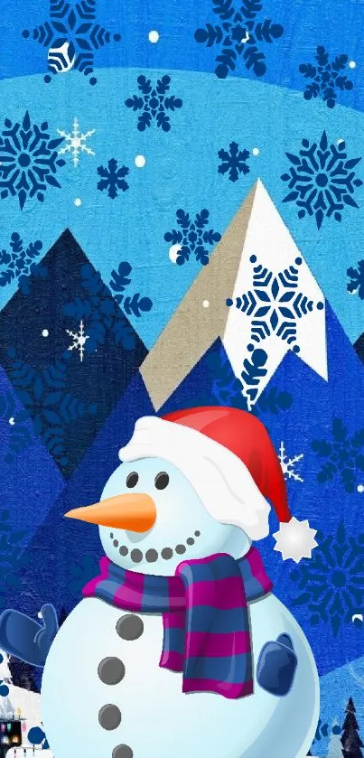 Snowman in Santa hat with blue snowflake background.