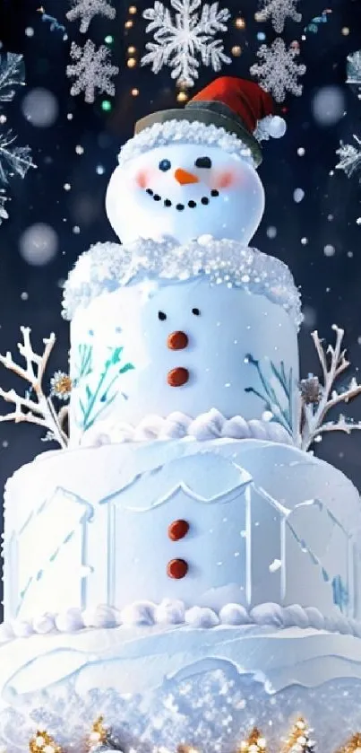 Snowman cake wallpaper with snowflakes.