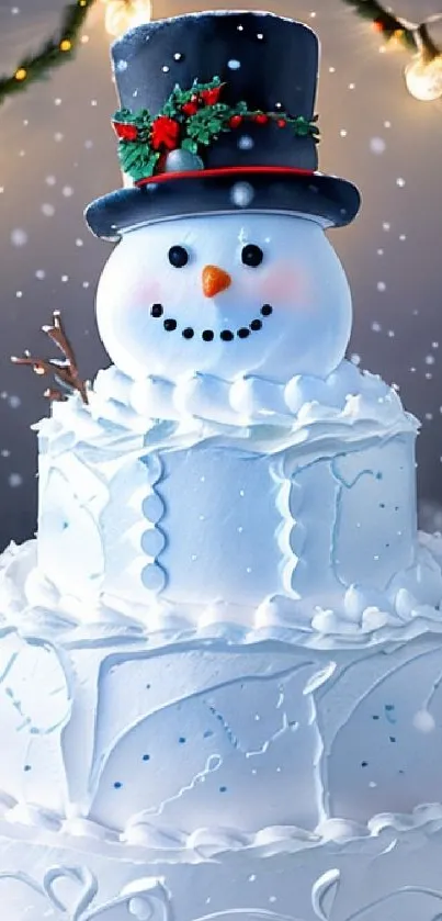 Festive snowman cake with holiday lights in a snowy scene.