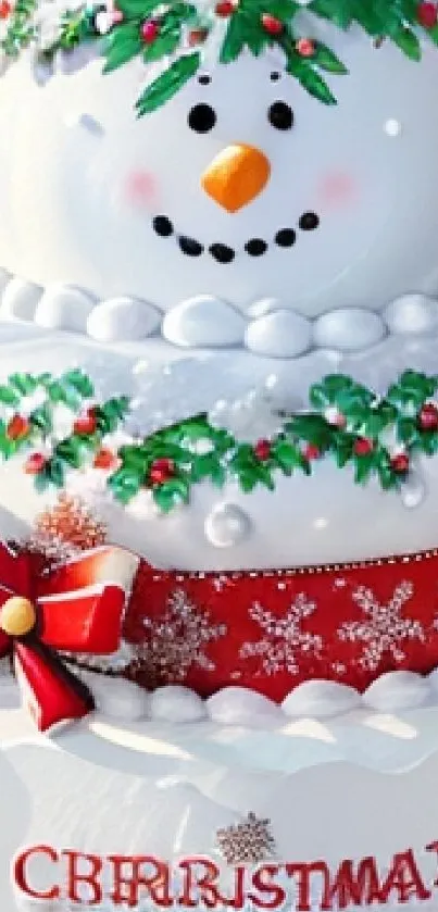 Three-tier snowman Christmas cake with festive decorations.