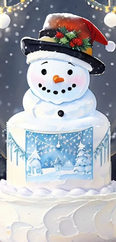 Snowman cake wallpaper with festive winter decorations.