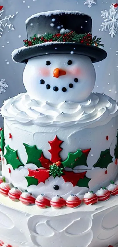 Snowman cake decorated with festive holly and snowflakes for holiday wallpaper.