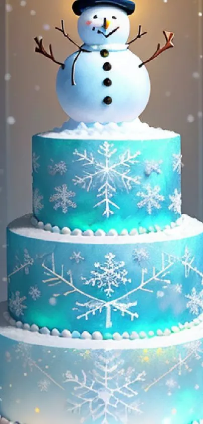 Snowman on festive cake with snowflakes, perfect winter wallpaper.