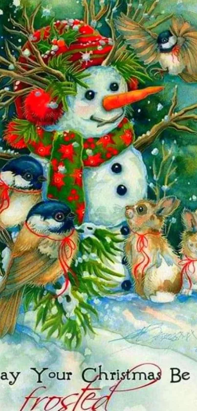 Colorful Christmas snowman with animals wallpaper.