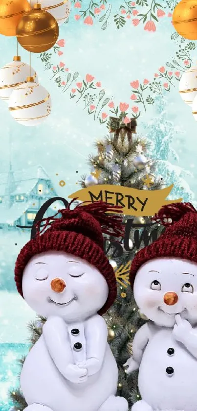 Charming snowmen with Christmas tree and ornaments in a festive scene.