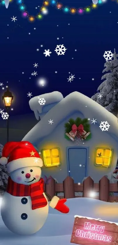 Christmas wallpaper with snowman and snowy house at night.