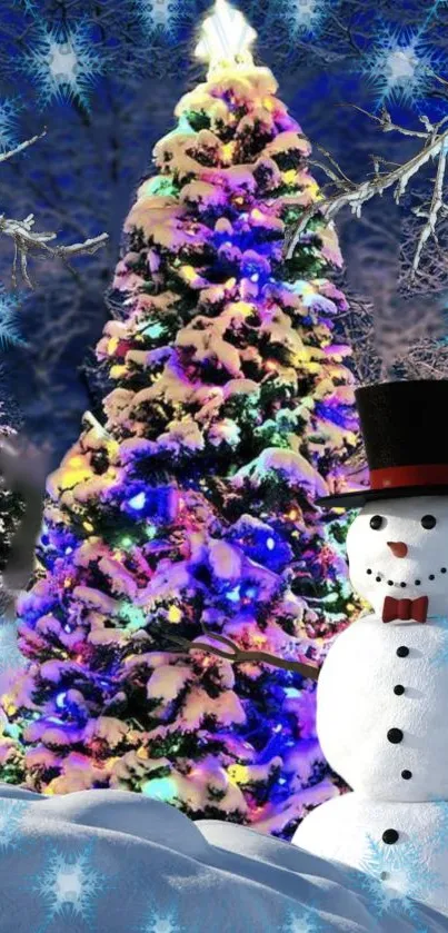 Festive wallpaper featuring a snowman and Christmas tree with lights.