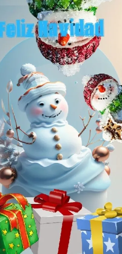 Cheerful snowman with gifts and holiday decorations on mobile wallpaper.