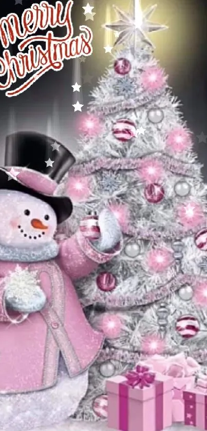 Snowman and Christmas tree with pink decorations and gifts.