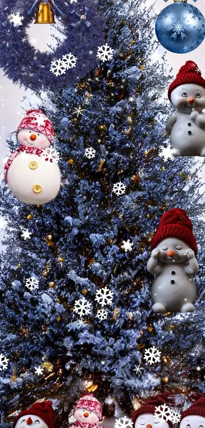 Festive blue Christmas tree with snowmen and ornaments.