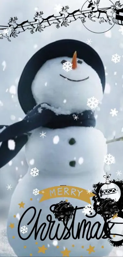 Cheerful snowman Christmas wallpaper with falling snow and festive design.