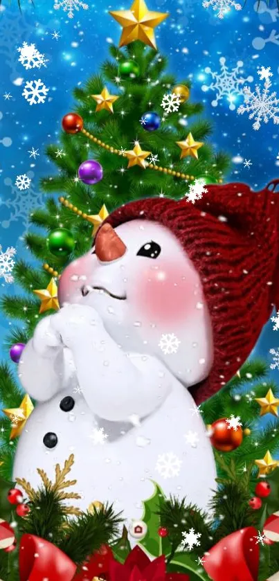Snowman with Christmas tree and snowflakes wallpaper.