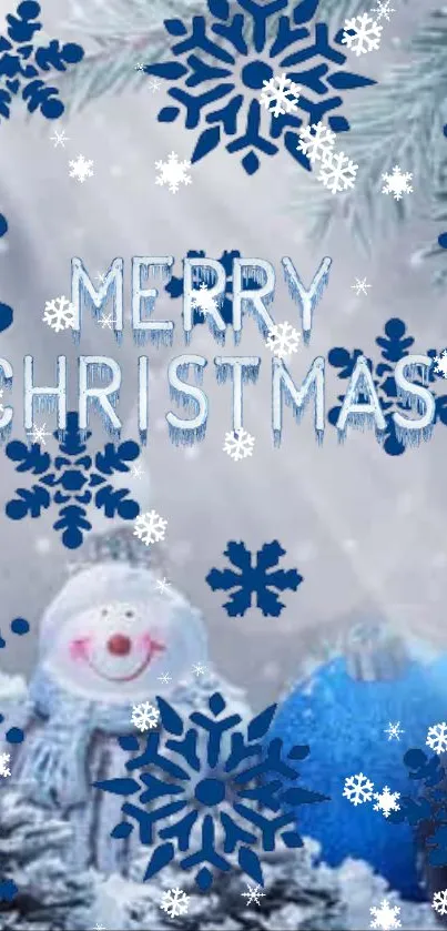 Merry Christmas wallpaper with snowman, blue ornaments, and snowflakes.