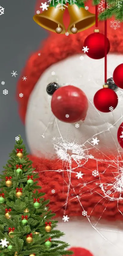 Festive snowman with red ornaments in a holiday-themed wallpaper.