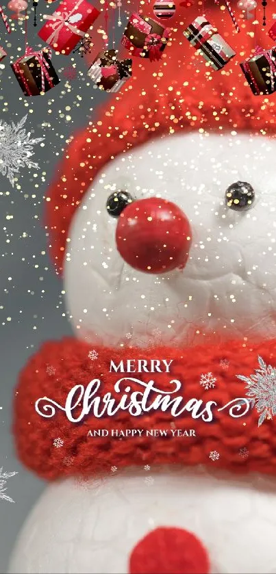 Charming snowman with Christmas decorations and festive greeting.