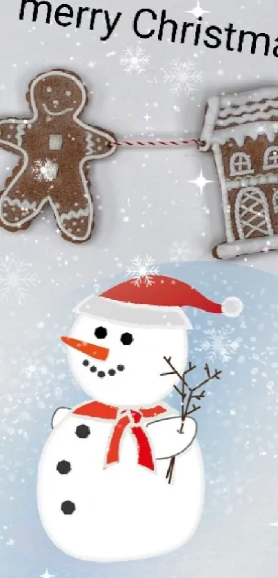 Cheerful snowman with gingerbread cookies on festive Christmas wallpaper.