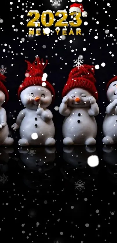 Four snowmen with red hats and snowflakes on a black background.