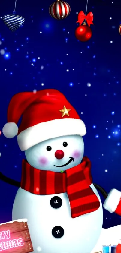 Cheerful snowman with a red hat and scarf in a festive Christmas scene.