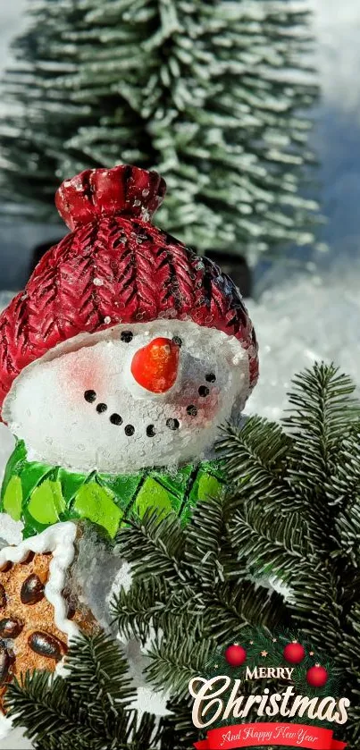 Snowman with red hat Christmas wallpaper featuring festive decorations.