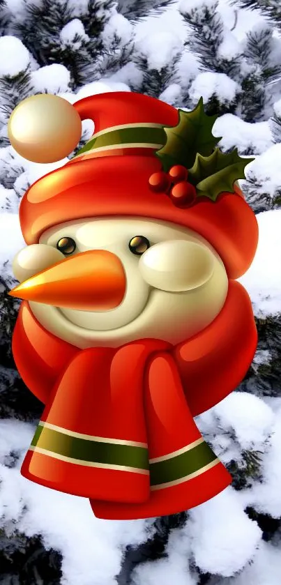 Festive snowman with red hat and scarf amidst snowy trees.