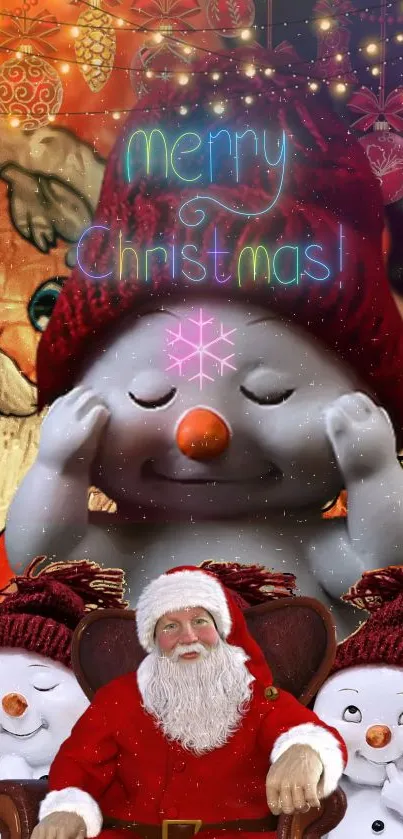 Festive snowman and Santa Christmas wallpaper with bright colors and decorations.