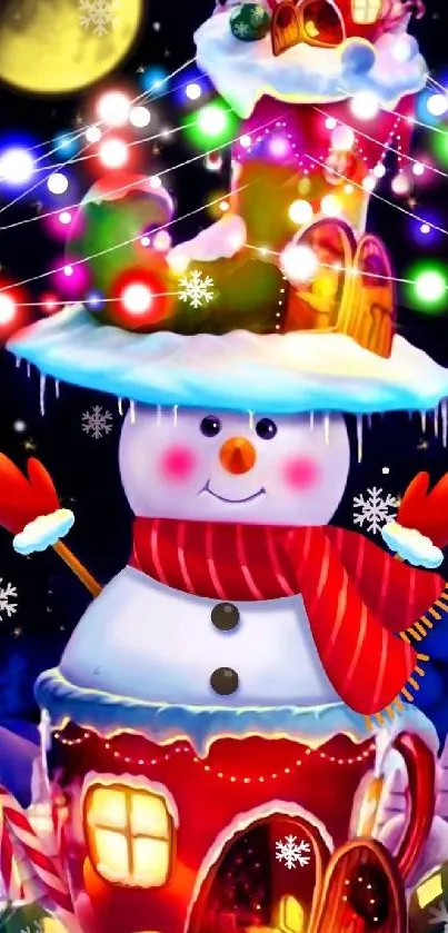 Whimsical snowman in festive Christmas lights.